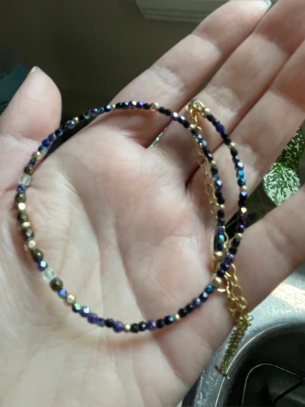 Dark blue and gold faceted bead beaded chain necklace